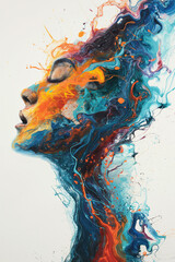 A woman's face is painted with blue, orange, and yellow colors - obrazy, fototapety, plakaty