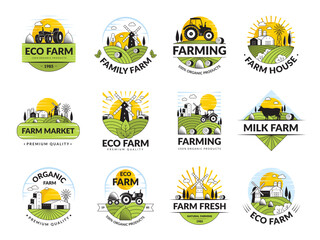 Farm badges. Agricultural labels collection with village houses and animals recent vector farm pictures collection