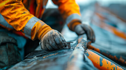 A man in an orange jacket is working on a project, using a measuring tool