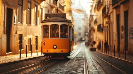 Romantic Lisbon street with the typical yellow tram and Lisbon Cathedral on the background - obrazy, fototapety, plakaty