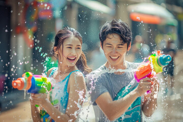 Plakaty  Happy traveler asian man and woman wearing summer shirt holding colourful squirt water gun over blur city, Water festival holiday concept