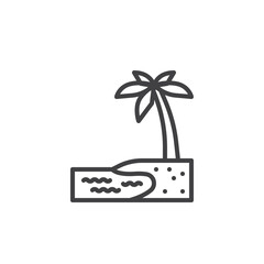 Beach scene with sand, water, and palm trees line icon