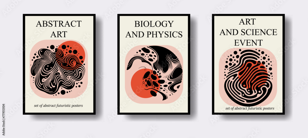 Aufkleber set of poster templates for science event with futuristic surreal design, black and white liquid sha