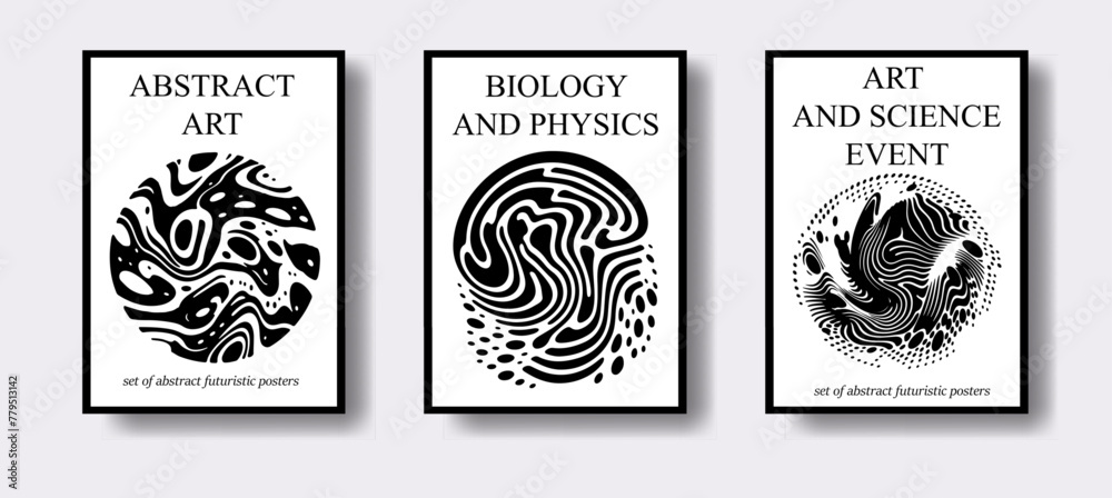 Aufkleber set of poster templates for science event with futuristic surreal design, black and white liquid sha