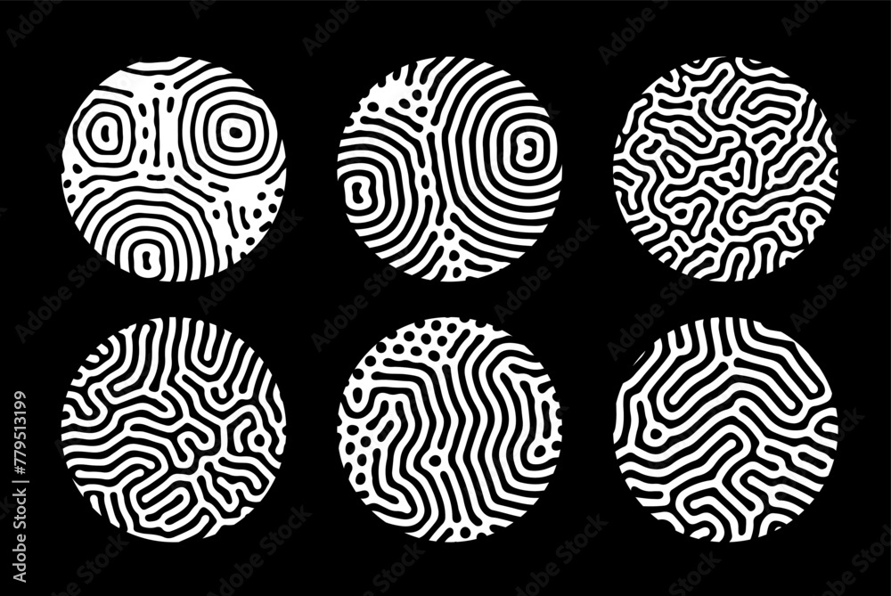 Aufkleber set of black and white circles with wavy surreal texture. futuristic abstract shapes for logotype de