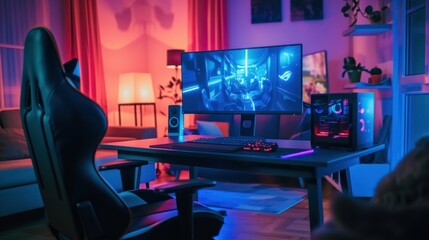 Powerful Personal Computer Gamer Rig with First-Person Shooter Game on Screen. Monitor Stands on the Table at Home. Cozy Room with Modern Design is Lit with Warm and Neon Light