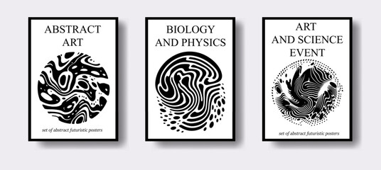 Set of poster templates for science event with futuristic surreal design, black and white liquid shapes and forms. - 779513142