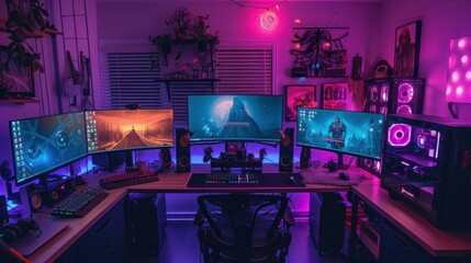 Powerful Personal Computer Gamer Rig with First-Person Shooter Game on Screen. Monitor Stands on the Table at Home. Cozy Room with Modern Design is Lit with Warm and Neon Light