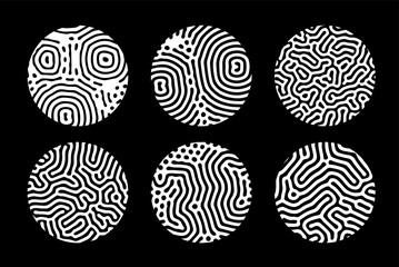 Set of black and white circles with wavy surreal texture. Futuristic abstract shapes for logotype design. - 779513199