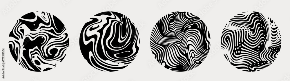 Aufkleber Set of black and white circles with wavy surreal texture. Futuristic abstract shapes for logotype design.