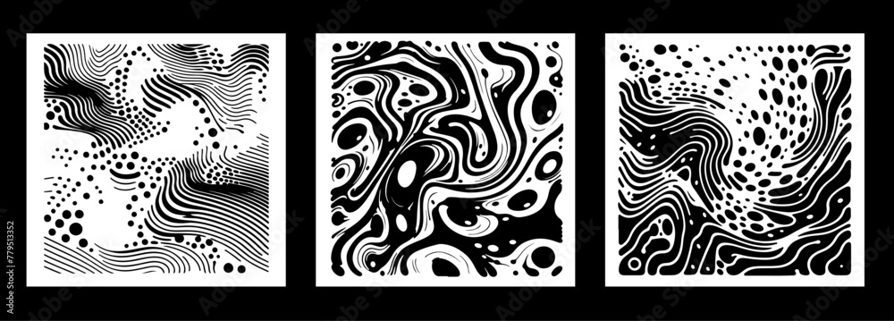 Poster set of zentangle doodle textures in black and white colors. vector abstract backgrounds.