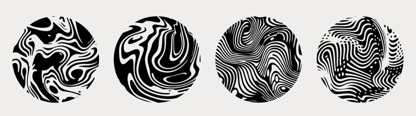 Set of black and white circles with wavy surreal texture. Futuristic abstract shapes for logotype design.