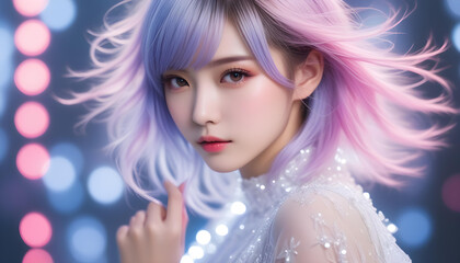 Beautiful and cute female model with flowing, shiny, stylish and colorful hair. She is used as a beauty image for care products.流れるような光沢のあるスタイリッシュでカラフルな髪を持つ美しくてかわいい女性モデル。 ケア製品などの美容イメージに。