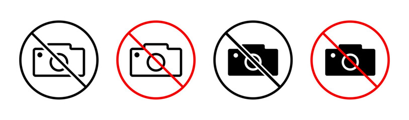 No photo and video icon set. Forbidden area printable ban sign. Stop photograph or camera warning symbol. Prohibited video recording and selfie vector illustration isolated.