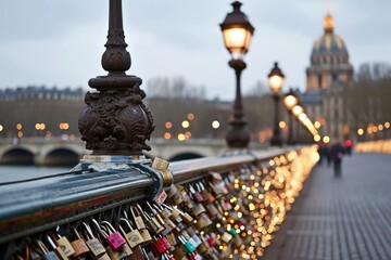 The romantic Pont des Arts bridge in Paris with love locks, Ai generated
