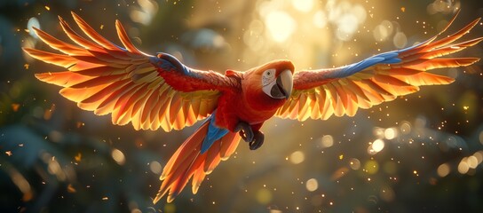 A red parrot with its beak open is soaring in the sky, showcasing its colorful feathers and...