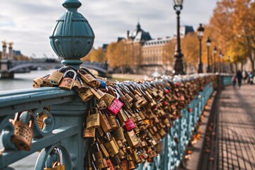 The romantic Pont des Arts bridge in Paris with love locks, Ai generated - obrazy, fototapety, plakaty