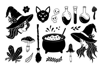 Halloween Magic Witches Set. Vintage Vector Illustration Isolated on White Background. Occult Collection Magic Potion Bottle, Mushroom, Crystals And Mystery Cat Head. Hand Drawn Fairy Beautiful Set.