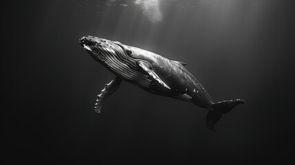 majestic humpback whale breaching the surface of an ocean, high contrast portrait, black and white