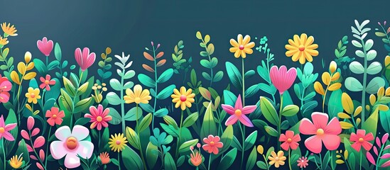 A vibrant row of colorful flowers and leaves creates a beautiful natural landscape against a dark blue background, showcasing the beauty of terrestrial plants in art - obrazy, fototapety, plakaty