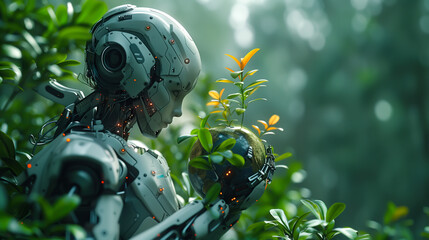 A robot stands gracefully in the midst of vibrant green nature. Green computing, Csr, IT Ethics, Nature technology interaction, and Environmental friendly. Generative Ai.