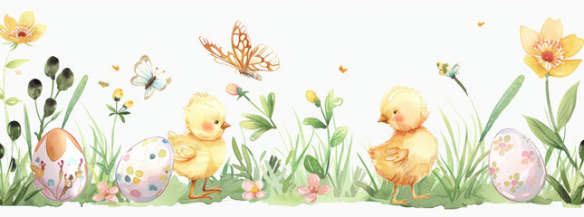 Obraz na płótnie Canvas A whimsical illustration of Easter eggs, small chicks and birds in the grass with flowers, butterflies, and pastel colors