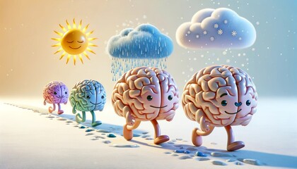 Illustration of cartoon brains walking in line with changing weather from sun to snow, concept for mental health care