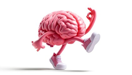 3D illustration of a brain with arms and legs in sneakers, running pose, concept for mental health care