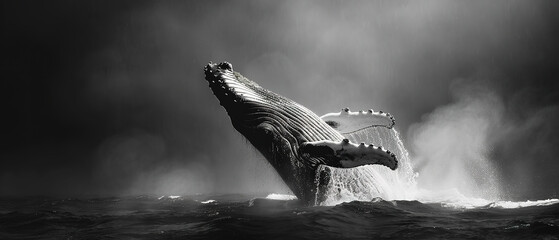 majestic humpback whale breaching the surface of an ocean, high contrast portrait, black and white - obrazy, fototapety, plakaty