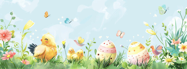 A whimsical illustration of Easter eggs, small chicks and birds in the grass with flowers, butterflies, and pastel colors
