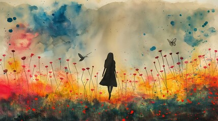 Watercolor painting of a silhouette woman among red flowers with butterflies