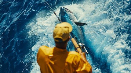 Fisherman in Yellow Raincoat Catching Marlin in Turbulent Blue Ocean Waves, Sport Fishing Adventure