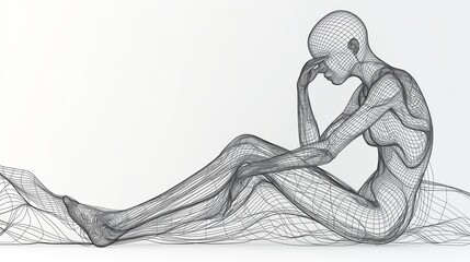 Line art illustration of a contemplative female figure in wireframe style