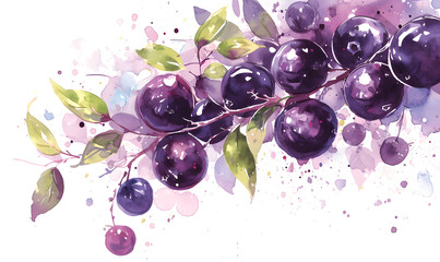 Fresh Organic blue Berry Background, Horizontal Watercolor Illustration, Generative AI