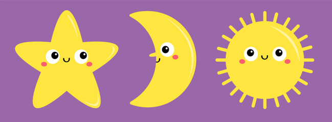 Sun, star, moon icon set line. Cute cartoon kawaii funny baby character. Smiling face emotion. Yellow color. Educational cards for kids. Childish style. Flat design. Isolated. Violet background Vector