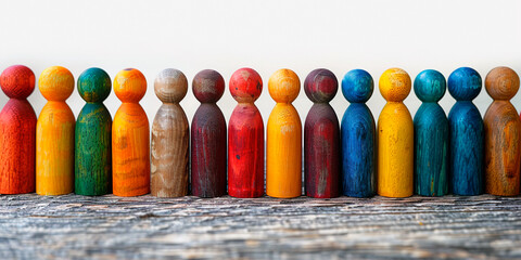 Colorful painted group of people wooden figures in a row. Diversity concept	
