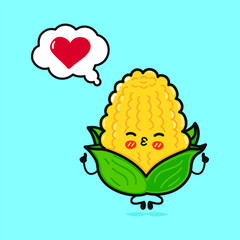 Corn doing yoga with speech bubble. Vector hand drawn cartoon kawaii character illustration icon. Isolated on blue background. Corn in love character concept