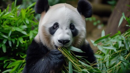 A panda eats a large bamboo stalk