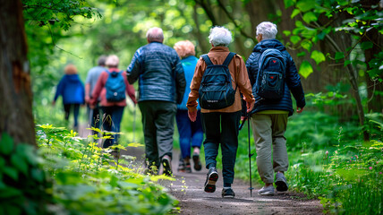 Elderly people strolling in park. Sunny summer day. Active retired seniors walking in green forest. - 779515772