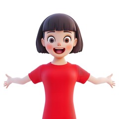 Bright 3D render of a cute and cheerful Asian girl in fashion clothes, showcasing a positive, excited, and funny teen character avatar in a minimalist style.