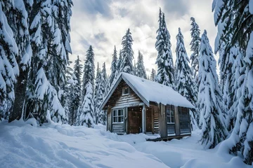 Fotobehang Snow-covered  cabin, Tiny cabin surrounded by snow-covered pines in winter, AI generated © Tanu