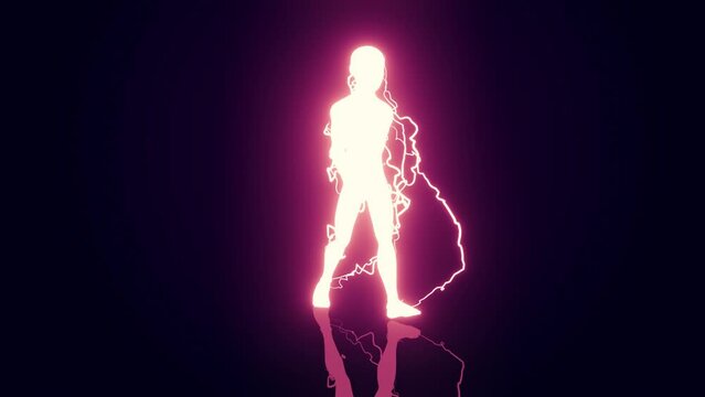 Looped 3d animation of the young sun god Thor walking flashing lightning