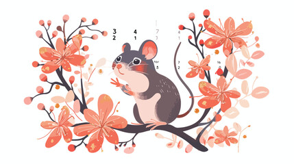 Vector calendar page with cute rat in blooming flower