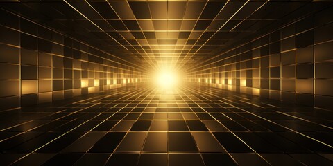 gold light grid on dark background central perspective, futuristic retro style with copy space for design text photo backdrop - Powered by Adobe