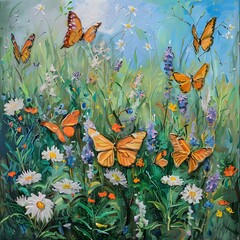 Oil painting of delicate wildflowers and orange butterflies, showcasing the beauty of a wildflower meadow and the enchantment of nature.