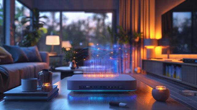 A futuristic looking device sits on a table in a living room
