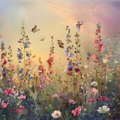 A field of multi-colored mallow flowers at sunrise, with butterflies in flight, displaying the peaceful and beautiful awakening of nature.