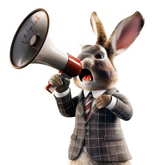 A cute Easter bunny, in a business suit, holding a megaphone with a job vacancy tagline, set against a white background.