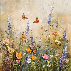 Oil painting of delicate wildflowers and orange butterflies, displaying a charming and lively scene in a rich and textured style.