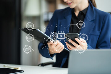 Businessman using a smartphone and laptop computer chatting with an intelligent artificial intelligence.